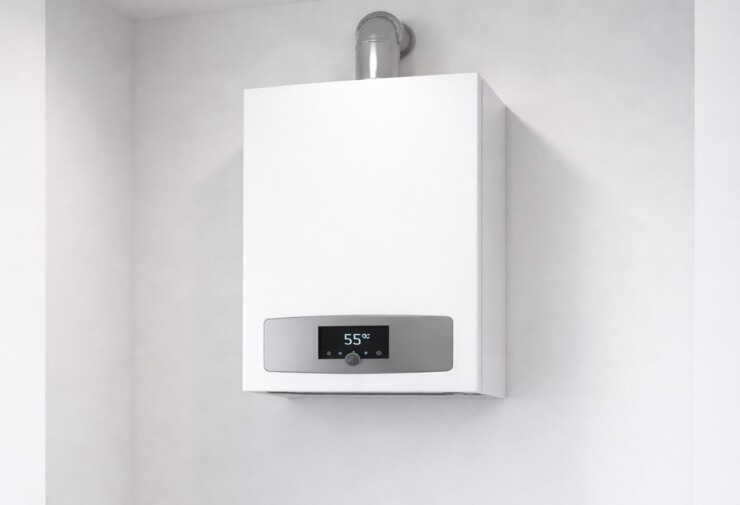 Chaudière murale à condensation installée dans un logement, pour un chauffage central et une eau chaude sanitaire.