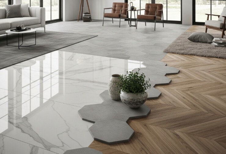 Sol intérieur moderne mixant carrelage effet marbre brillant, dalles grises aspect béton, transition hexagonale et parquet chevron.